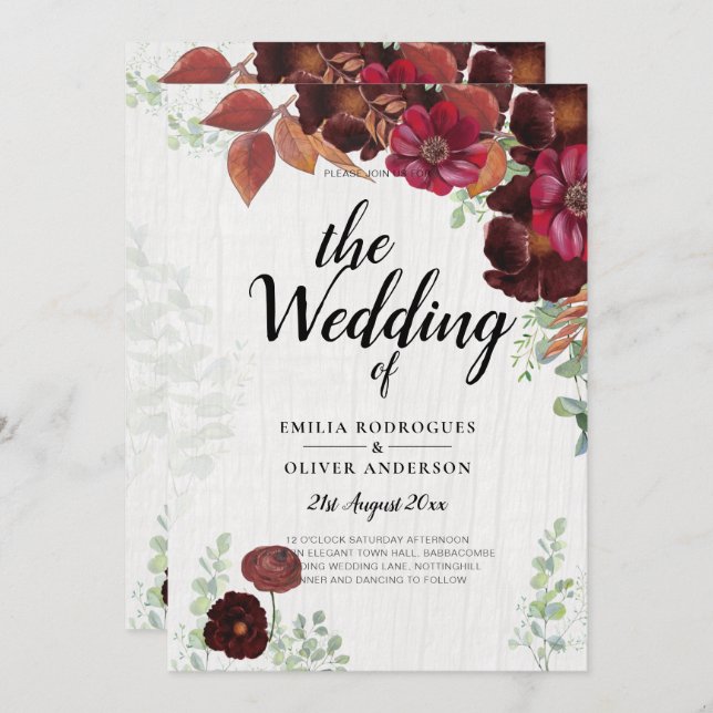 BUDGET All-in1 Rustic Fall Maroon Burgundy Wedding Invitation (Front/Back)