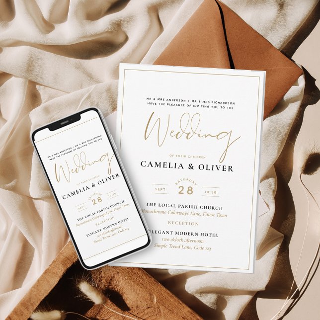 BUDGET All-in-1 Classic Gold Text White Wedding Fl Invitation (Creator Uploaded)