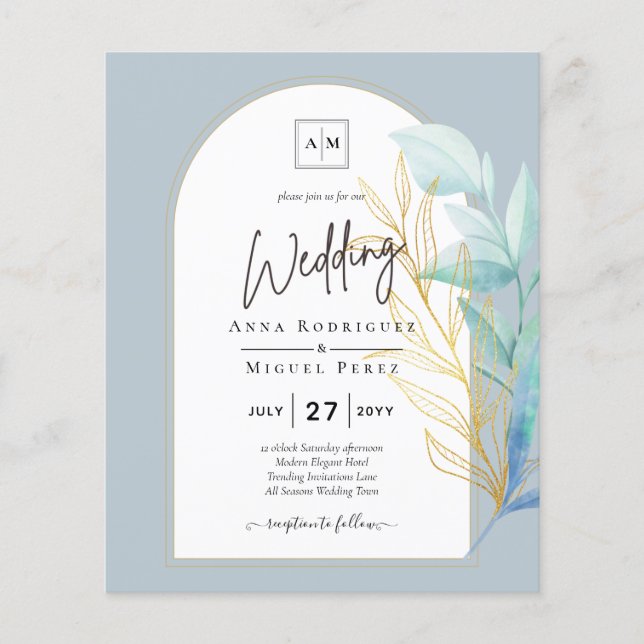 BUDGET All-in-1 Dusty Blue Gold Greenery Wedding Flyer (Front)