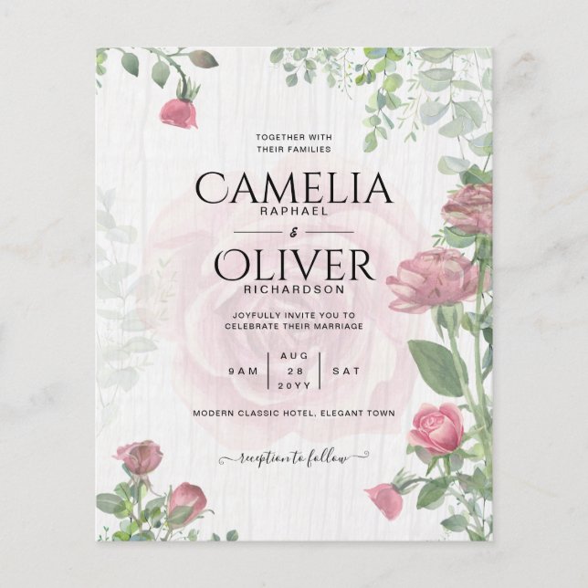 Budget All-in-1 Dusty Pink Roses Floral Wedding Flyer (Front)