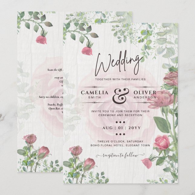 Budget All-in-1 Dusty Pink Roses Floral Wedding Invitation (Front/Back)