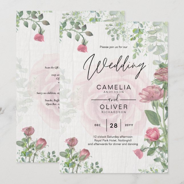 Budget All-in-1 Dusty Pink Roses Floral Wedding Invitation (Front/Back)