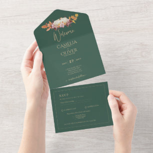 BUDGET All-in-1 Fall Pumpkin Green Gold Wedding All In One Invitation