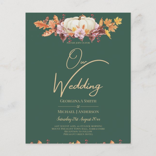 BUDGET All-in-1 Fall Pumpkin Green Gold Wedding Flyer (Front)