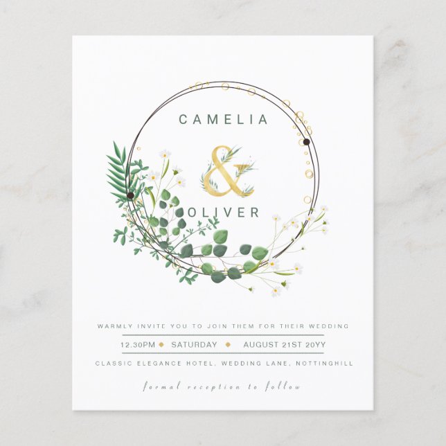 BUDGET All-in-1 Green Gold Wreath QR Code Wedding  Flyer (Front)