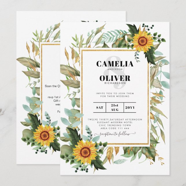 BUDGET All-in-1 Rustic Sunflowers Greenery Wedding Invitation (Front/Back)