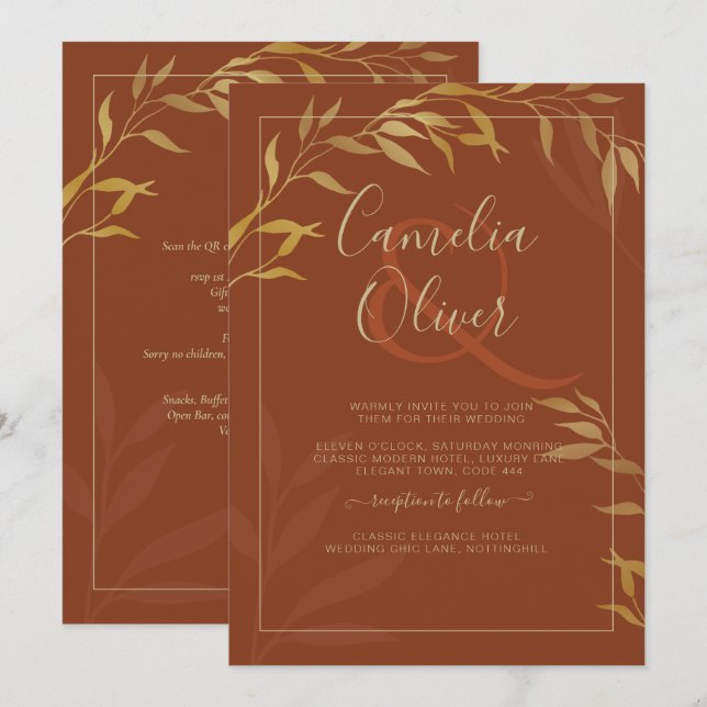 Budget All-in-1 Rustic Terracotta GOLD Wedding Invitation (Front/Back)