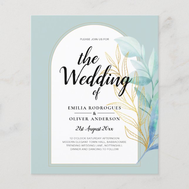 BUDGET All-in-1 Sea Glass Gold Leaf Sage Wedding Flyer (Front)