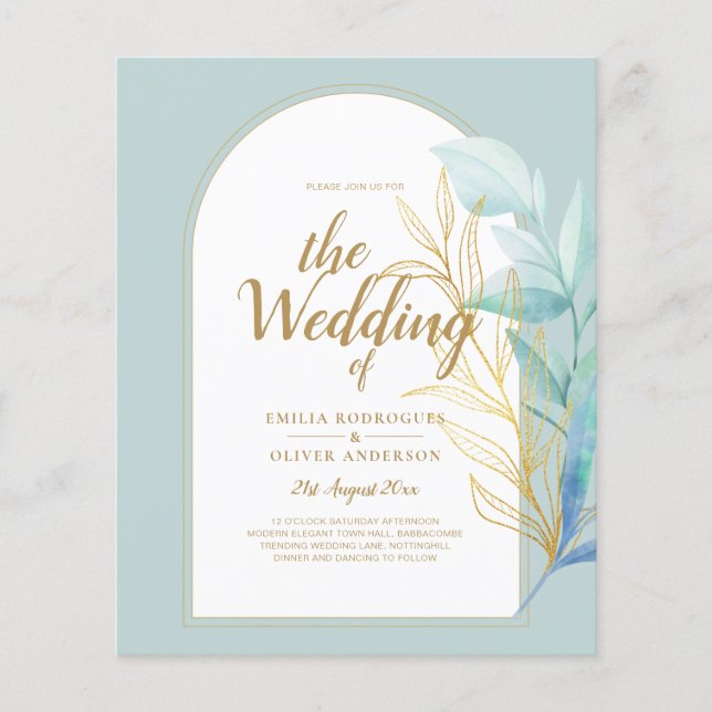 BUDGET All-in-1 Sea Glass Gold Leaf Sage Wedding Flyer (Front)