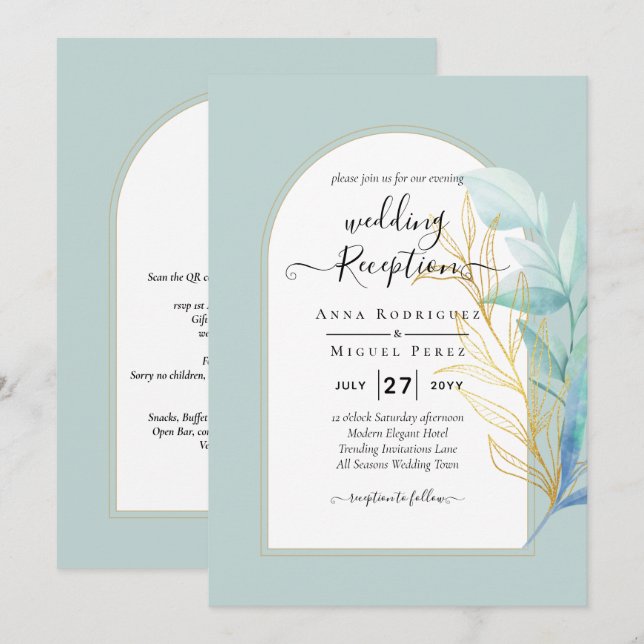 BUDGET All-in-1 Sea Glass Gold Leaf Sage Wedding Invitation (Front/Back)