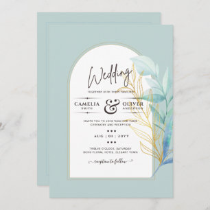 BUDGET All-in-1 Sea Glass Gold Leaf Sage Wedding Invitation