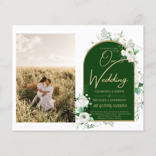 Budget All-in-1 White Roses Green Wedding QR Code Flyer (Front)