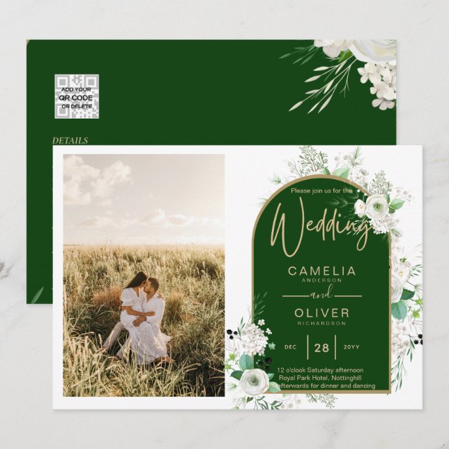 Budget All-in-1 White Roses Green Wedding QR Code Invitation (Front/Back)