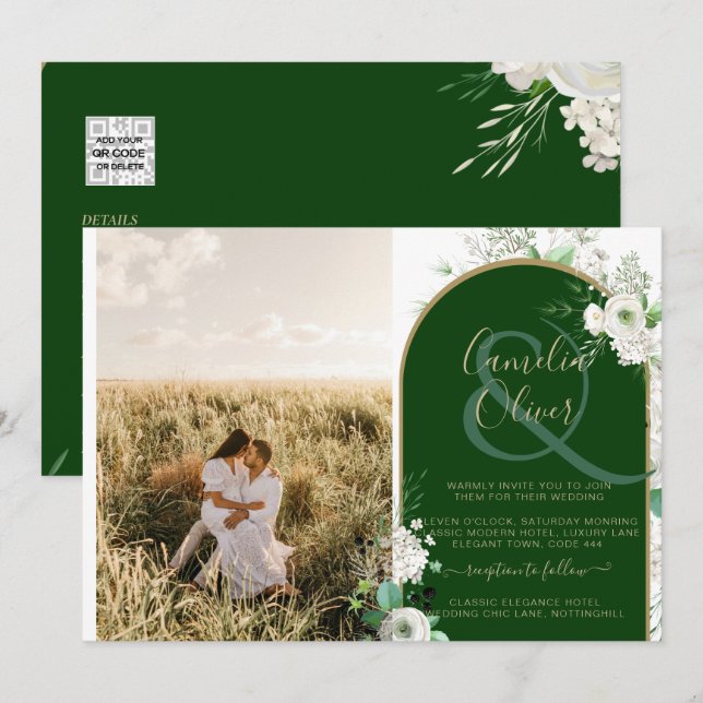 Budget All-in-1 White Roses Green Wedding QR Code Invitation (Front/Back)