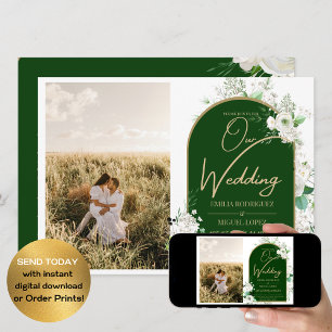 Budget All-in-1 White Roses Green Wedding QR Code Invitation