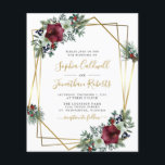 Budget All in One Amaryllis Pine Wedding Invite<br><div class="desc">Budget All in One Amaryllis Pine Gold Frame Floral Winter Wedding Invitation... Our affordable "All in One" floral winter wedding invitation features a gold geometric frame embellished with bouquets of burgundy amaryllis, white anemones, wispy pine branches and green holiday foliage bordering your personalised wedding invitation text. The back of the...</div>