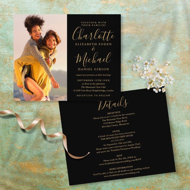 Budget All In One Black Gold Photo Wedding Invite (Creator Uploaded)