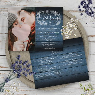 Budget All In One Blue Rustic Photo Wedding Invite