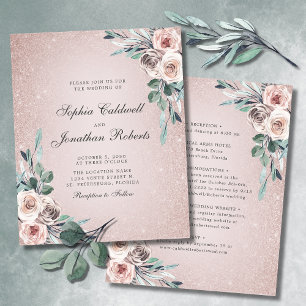 Budget All in One Boho Pink Roses Wedding Invite