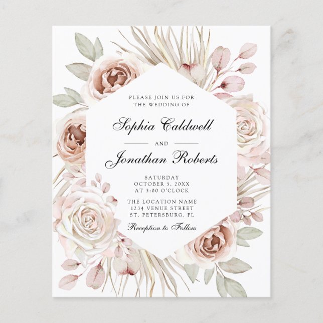 Budget All in One Boho Pink Roses Wedding Invite (Front)