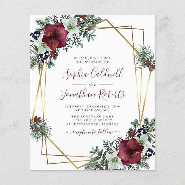 Budget All in One Burgundy Floral Wedding Invite (Front)