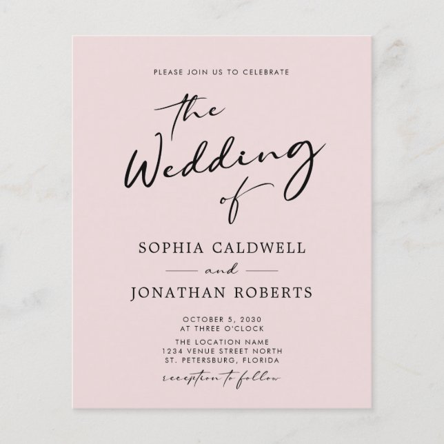 Budget All in One Calligraphy Blush Wedding Invite (Front)