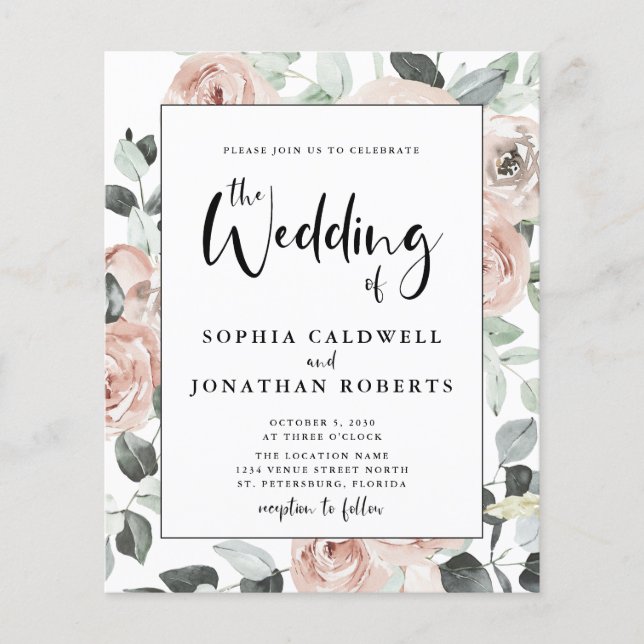 Budget All in One Calligraphy Roses Wedding Invite (Front)