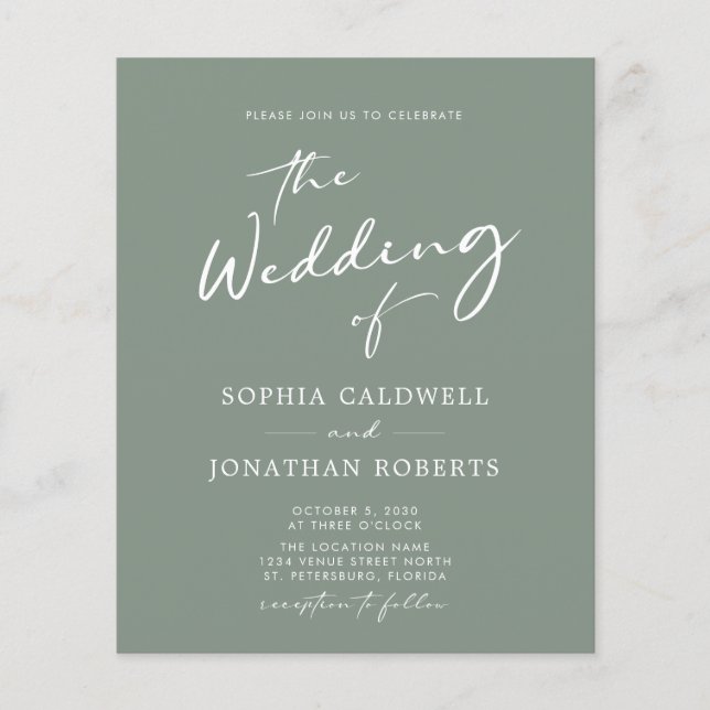 Budget All in One Calligraphy Sage Wedding Invite (Front)