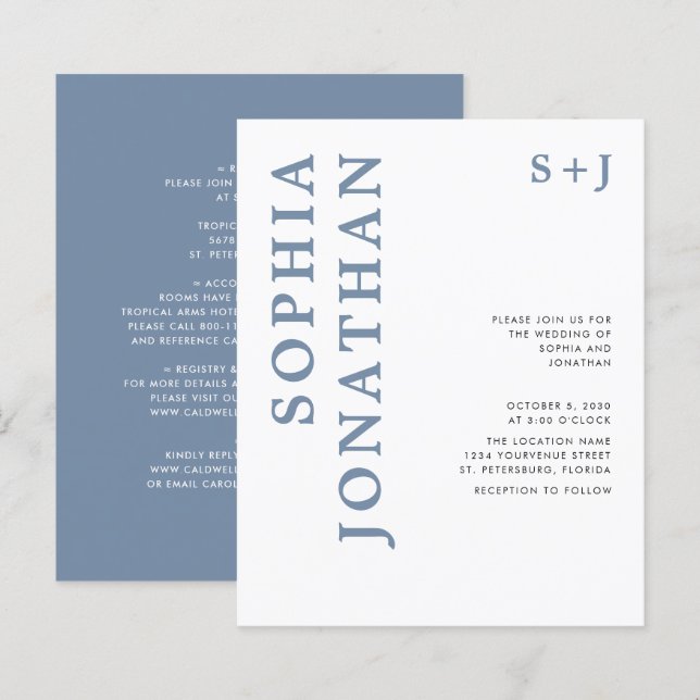 Budget All in One Dusty Blue Wedding Invitation (Front/Back)