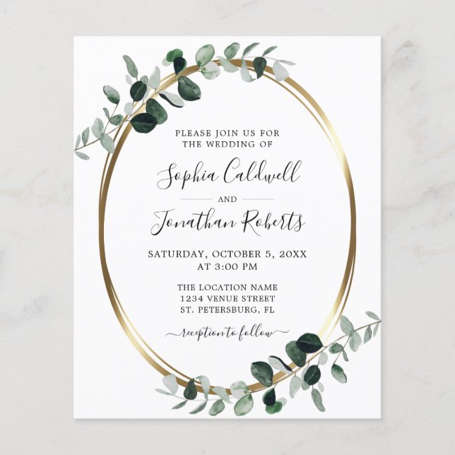 Budget All in One Eucalyptus Gold Wedding Invite (Front)