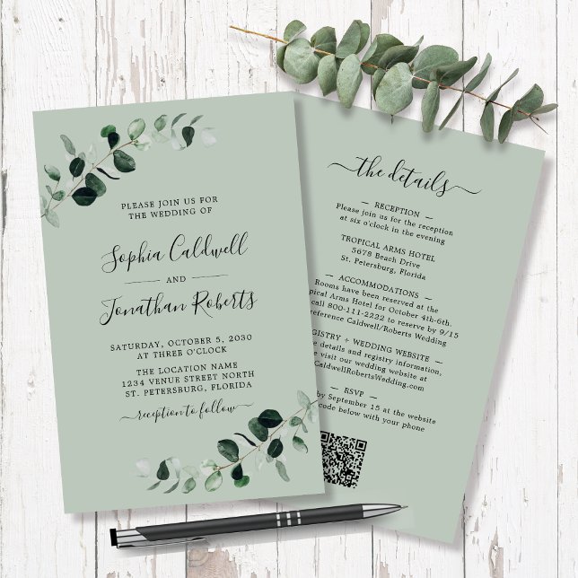 Budget All in One Eucalyptus Sage Wedding Flyer (Budget All in One Eucalyptus Sage Wedding Flyer 5.5 x 8.5 Paper Invitation)