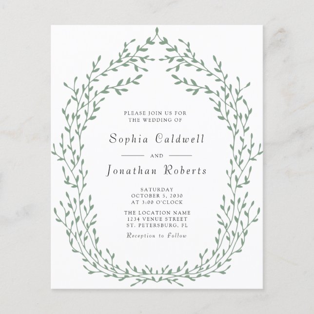 Budget All in One Green Leafy Frame Wedding Invite (Front)