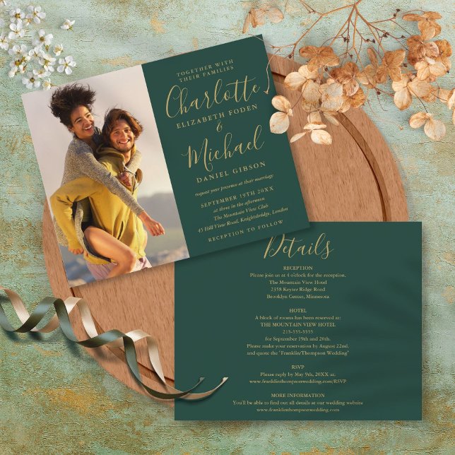 Budget All In One Photo Green Gold Wedding Invite (Budget All In One Photo Green Gold Wedding Invite)