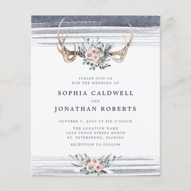 Budget All in One Roses and Antlers Wedding Invite (Front)