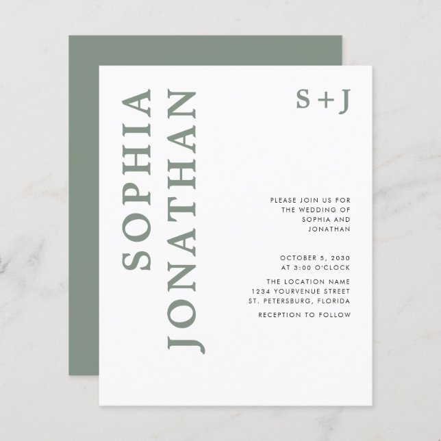 Budget All in One Sage Green Wedding Invitation (Front/Back)