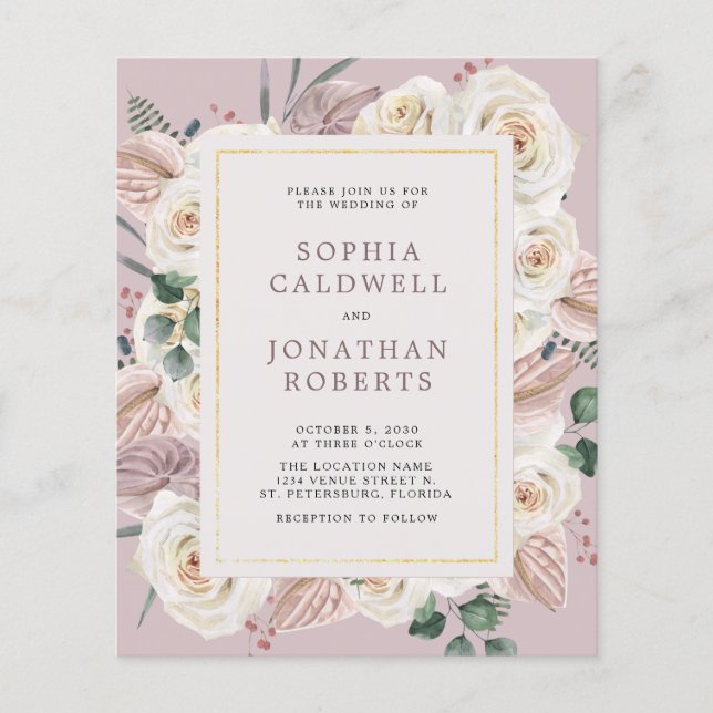 Budget All in One White Roses Wedding Invitation (Front)