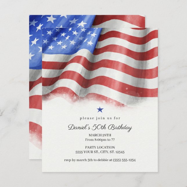 Budget American Flag Birthday Party Invitations (Front/Back)