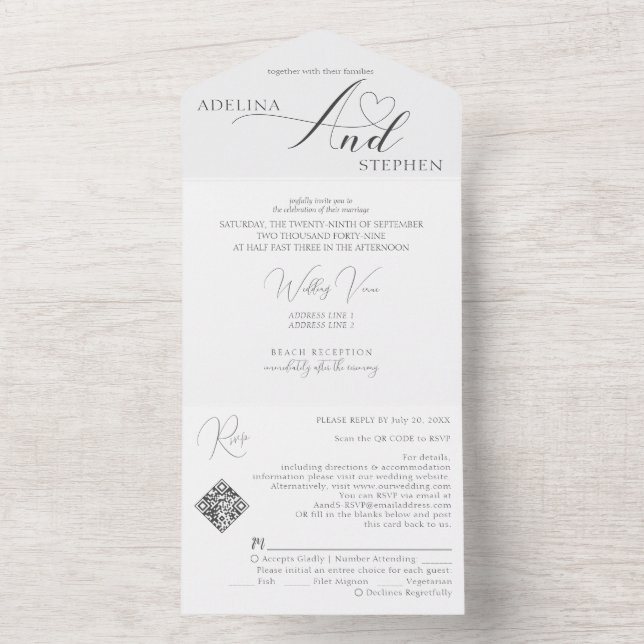 Budget Ampersand Elegant Script QR Code Wedding All In One Invitation (Inside)