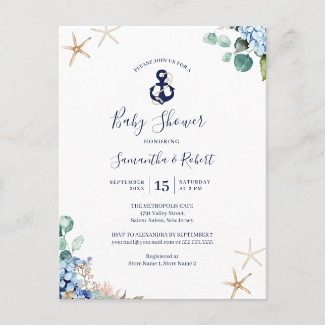 Budget Anchor Blue Nautical Floral Baby Shower Invitation Postcard (Front)