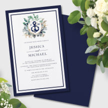 Budget Anchor Greenery Navy Wedding Invitation