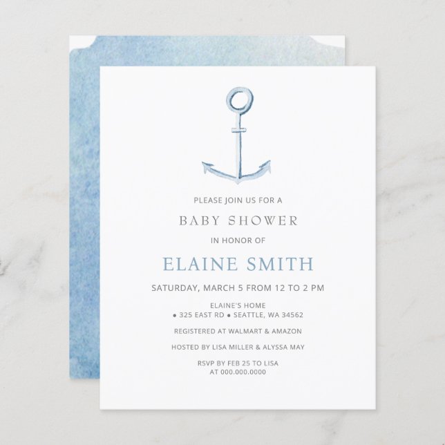 Budget Anchor Nautical Blue Baby Shower Invitation (Front/Back)