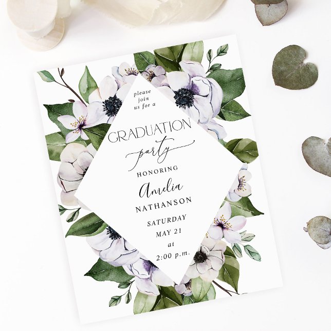 Budget Anemone White Floral Graduation Party Flyer (Creator Uploaded)