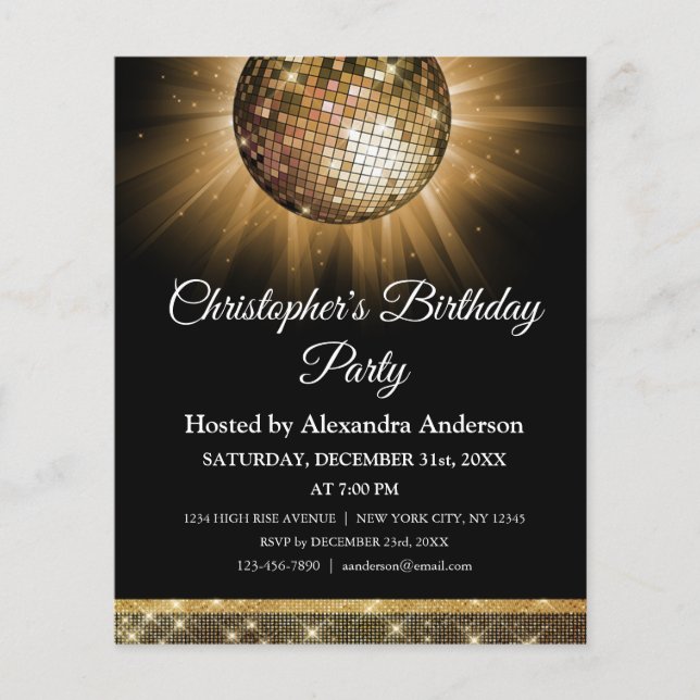 Budget Any Age Birthday Party Gold Disco Ball Flyer (Front)