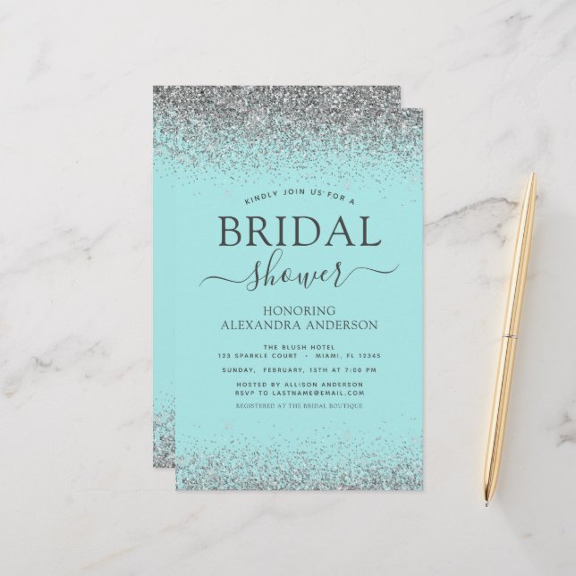 Budget Aqua Blue Teal Silver Glitter Bridal Shower (Front/Back In Situ)
