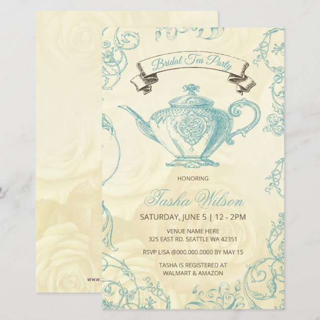 Budget Aqua Ivory Vintage Bridal Tea Invitation (Front/Back)