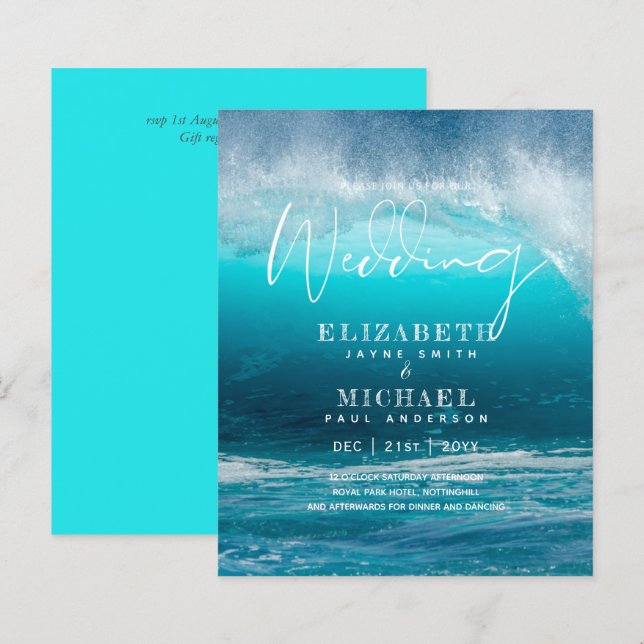 BUDGET Aqua Ocean Wedding Invite Beach Destination (Front/Back)