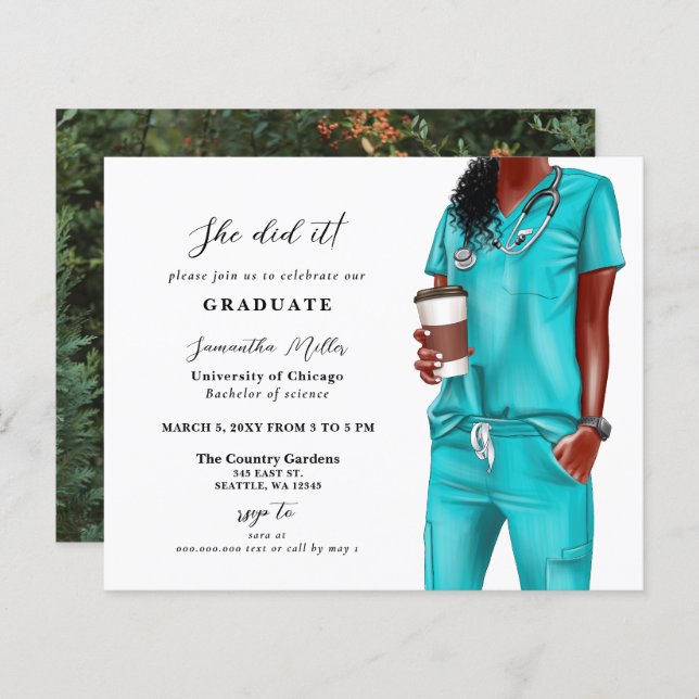 Budget Aqua Scrubs Nurse Photo Graduation Invite (Front/Back)