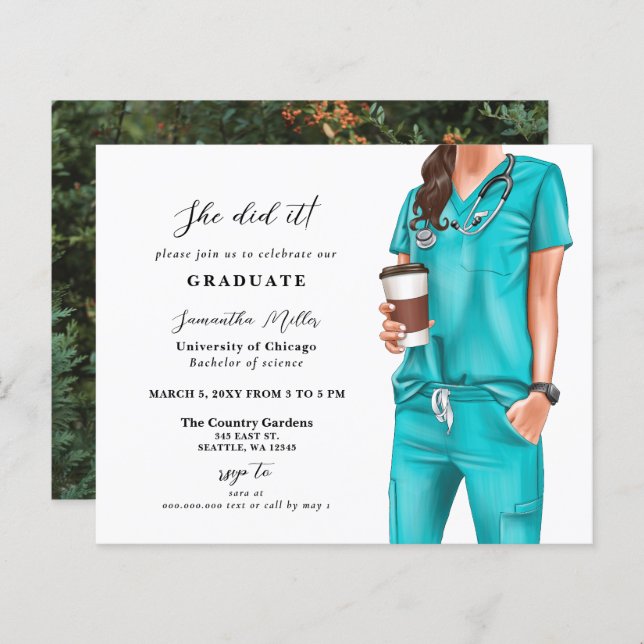 Budget Aqua Scrubs Nurse Photo Graduation Invite (Front/Back)
