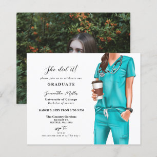 Budget Aqua Scrubs Nurse Photo Graduation Invite