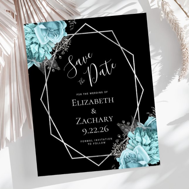 Budget Aqua Silver Floral Black Save the Date (Creator Uploaded)